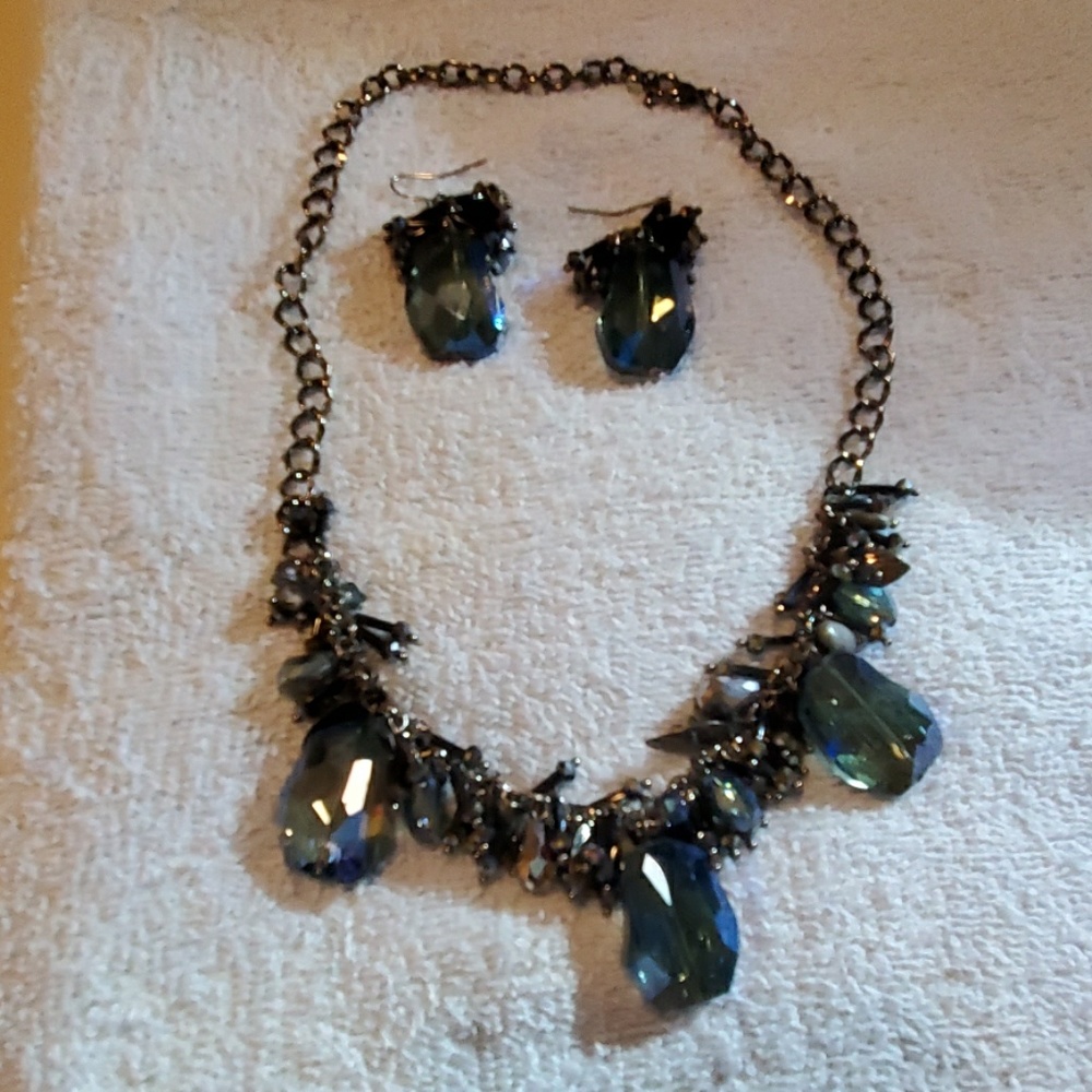 Large blue gem-like stones necklace and earrings